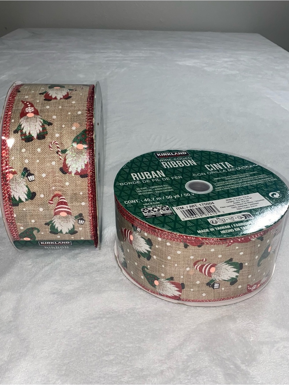 Christmas Santa Gnomes Glittered Wire-Edged Ribbon Roll - 2.5" x 50 yds -New (2)